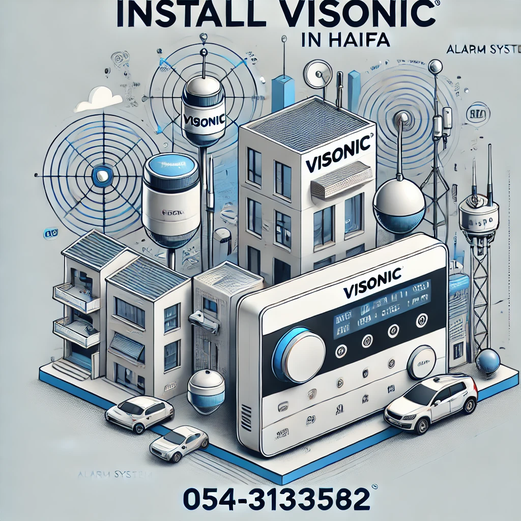 DALL·E 2024 10 17 09.45.11 Create a promotional image with the text 'Install Visonic in Haifa' and the phone number '054 3133582'. The design should include visual elements such