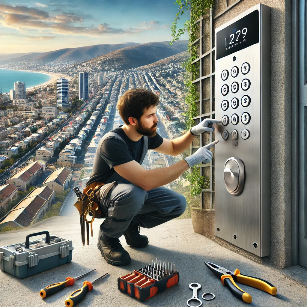 DALL·E 2024 10 17 09.59.31 A realistic image showing the installation of keypad entry systems on the exterior of a building in Haifa. The scene features a technician professiona