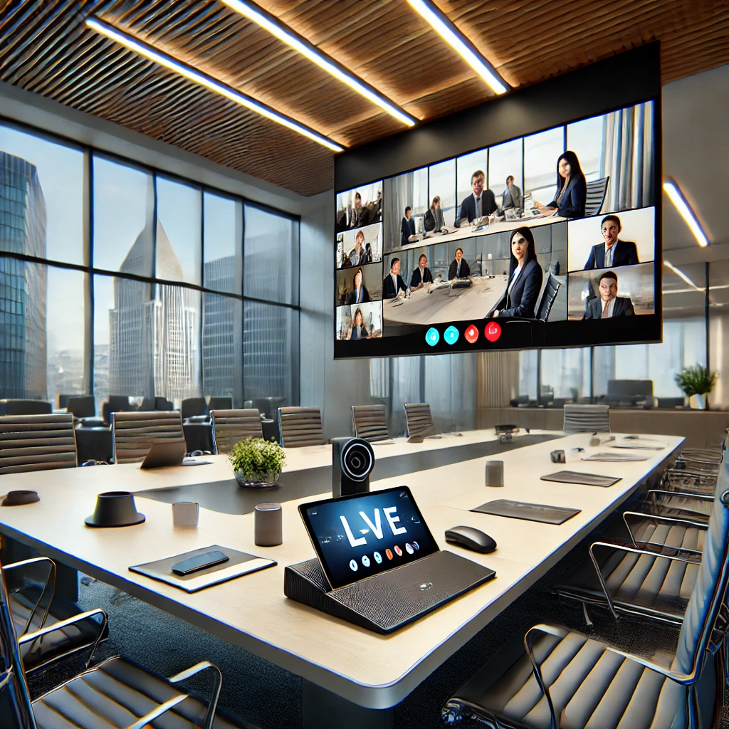 DALL·E 2024 10 23 21.51.58 A high tech video conference setup in a modern office environment featuring a sleek all in one video conference system with a large screen displaying
