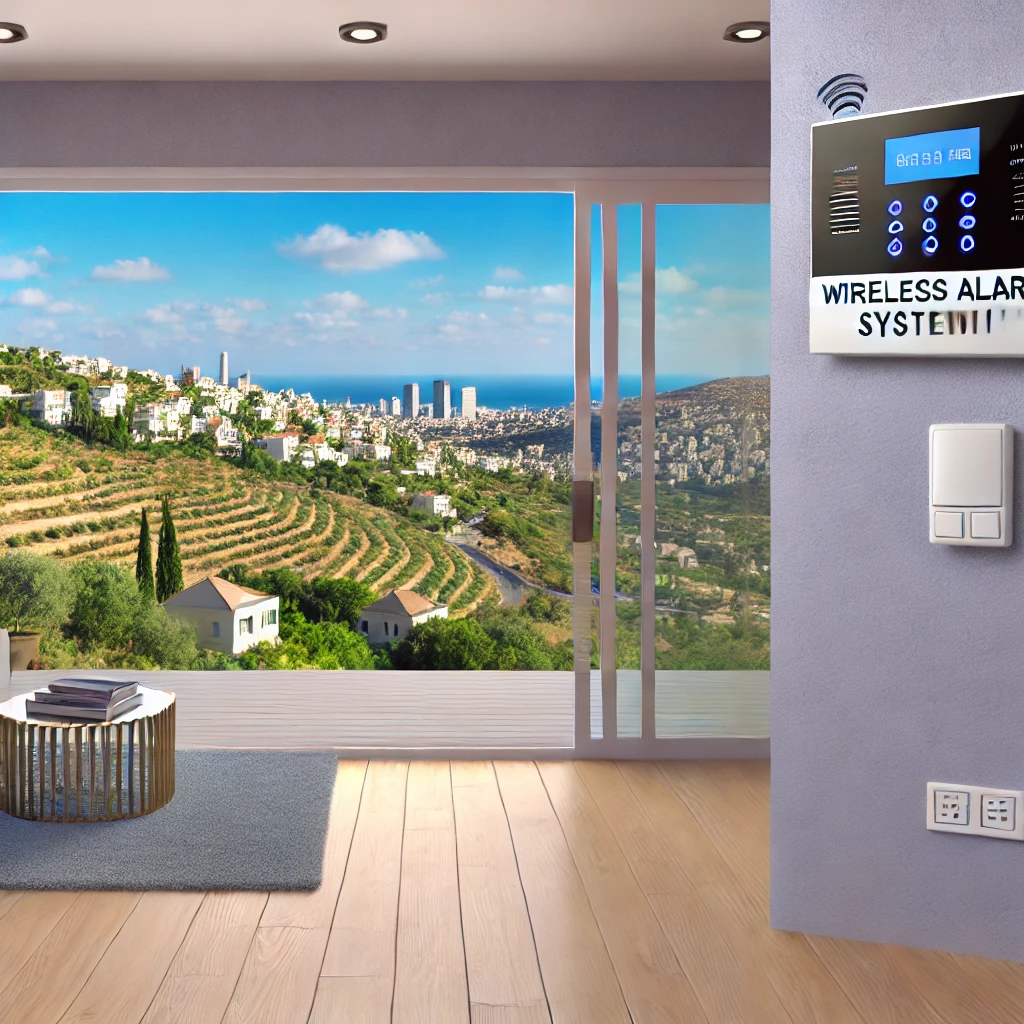 DALL·E 2024 10 26 21.16.41 Create an image showcasing the installation of wireless alarm systems in Haifa. The scene should depict a modern, residential setting with a wireless DALL·E 2024 10 26 21.16.41 Create an image showcasing the installation of wireless alarm systems in Haifa. The scene should depict a modern, residential setting with a wireless