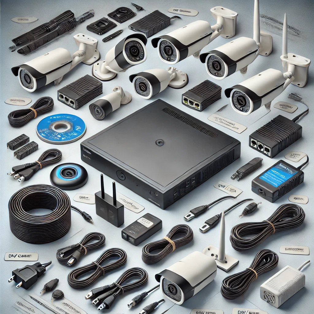 DALL·E 2024 10 30 18.39.53 A clean and professional image of a CCTV camera kit including various components such as IP cameras, DVR NVR, cables, power adapters, and connectors.