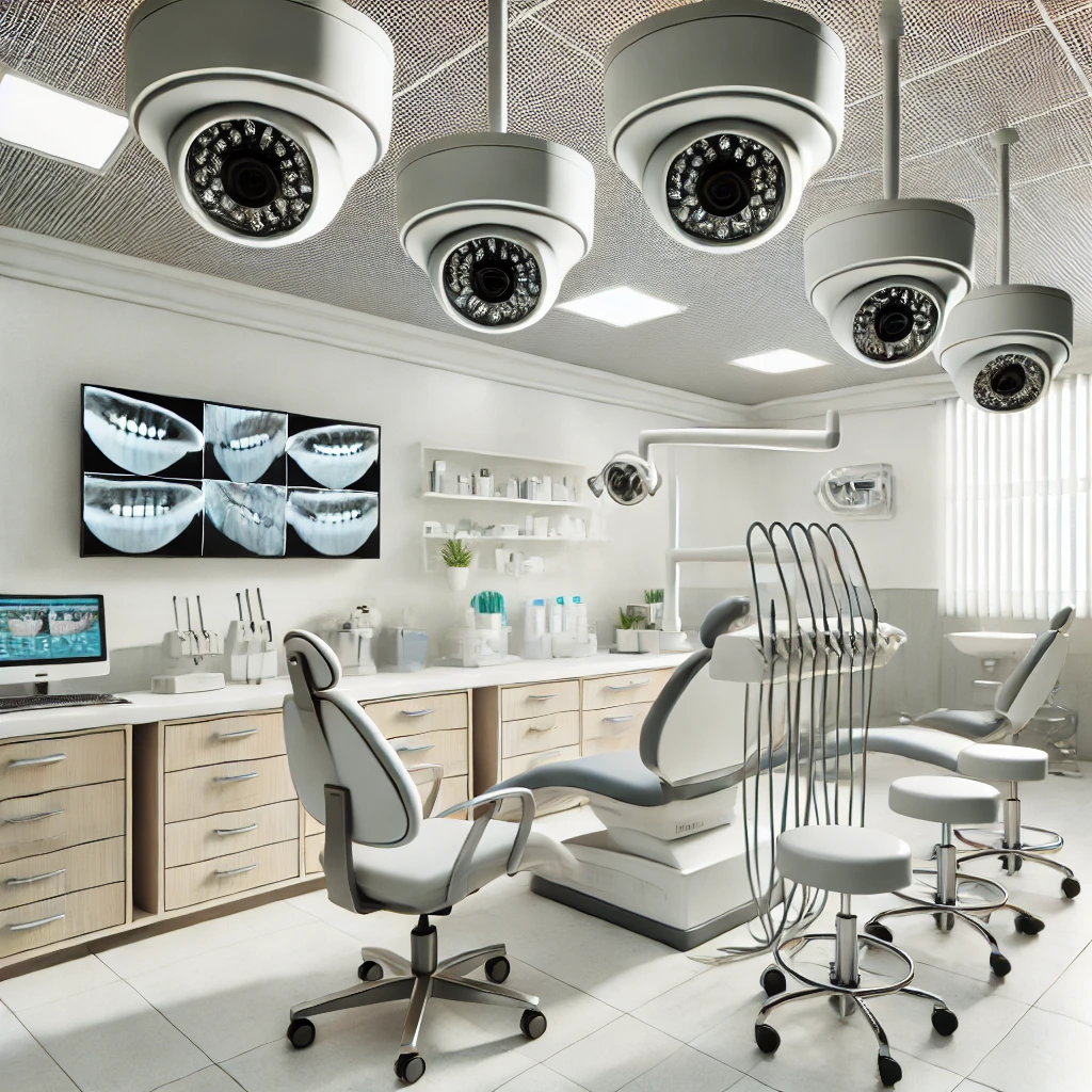 DALL·E 2024 11 09 20.47.58 A detailed image of a security camera installation in a dental clinic setting. The scene shows high quality surveillance cameras discreetly installed