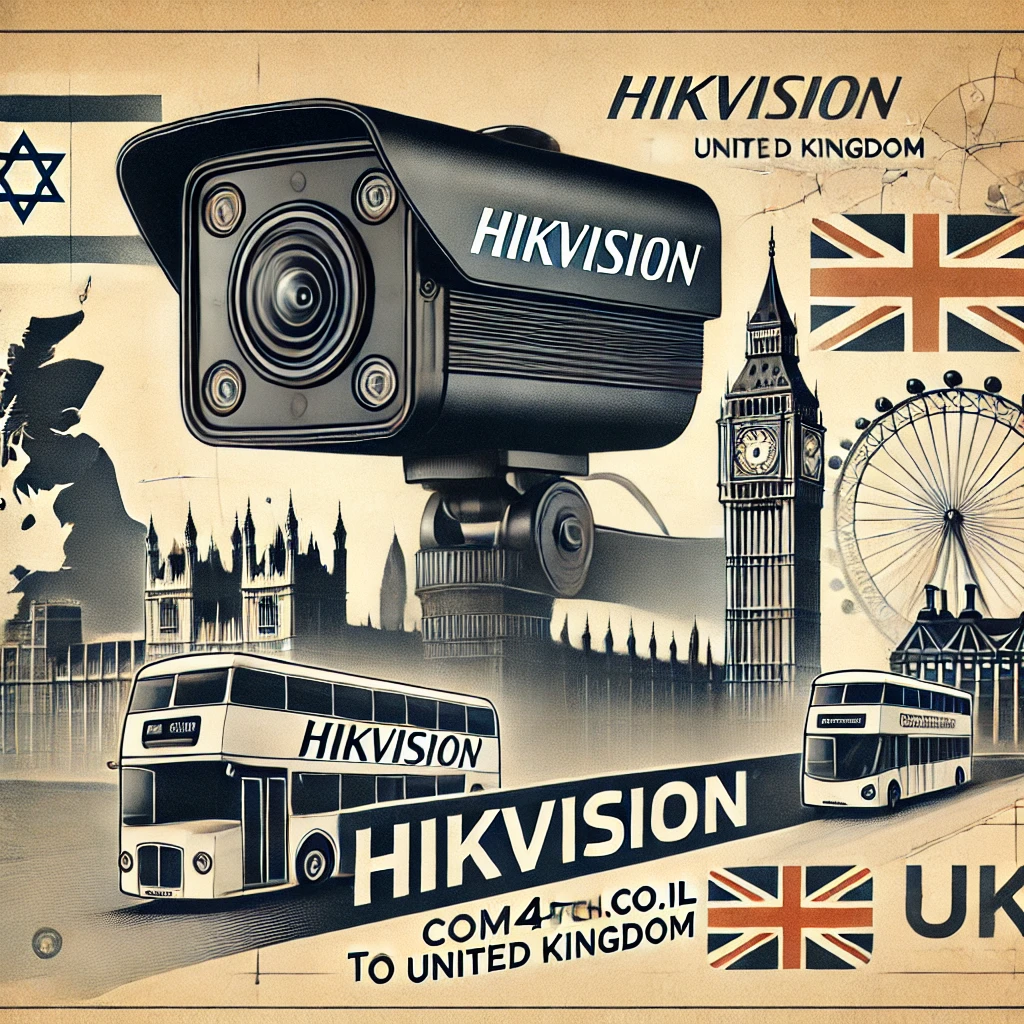 DALL·E 2024 12 03 08.56.33 A professional promotional image showcasing Hikvision products being shipped from COM4TECH.CO.IL to the United Kingdom. The design includes a sleek Hi