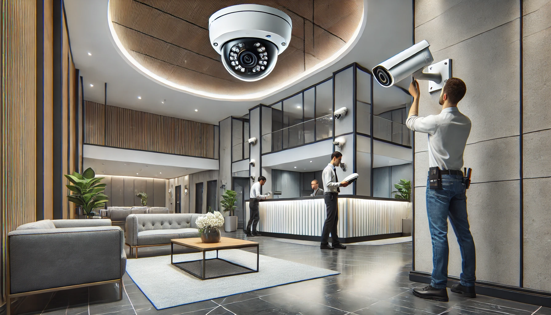 DALL·E 2024 12 07 12.47.12 A professional scene of security camera installation in the lobby of a modern residential building. The image shows a clean, well lit lobby with sleek