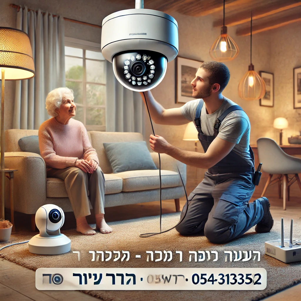 DALL·E 2025 01 19 19.33.13 An image showcasing the installation of security cameras for elderly individuals in a cozy home environment. The scene features a technician installin