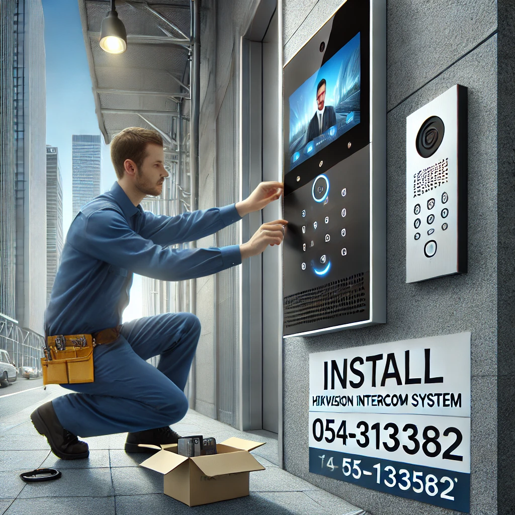 DALL·E 2025 01 19 19.45.32 A professional image showcasing the installation of a Hikvision IP intercom system. The scene features a technician installing a sleek IP intercom pan