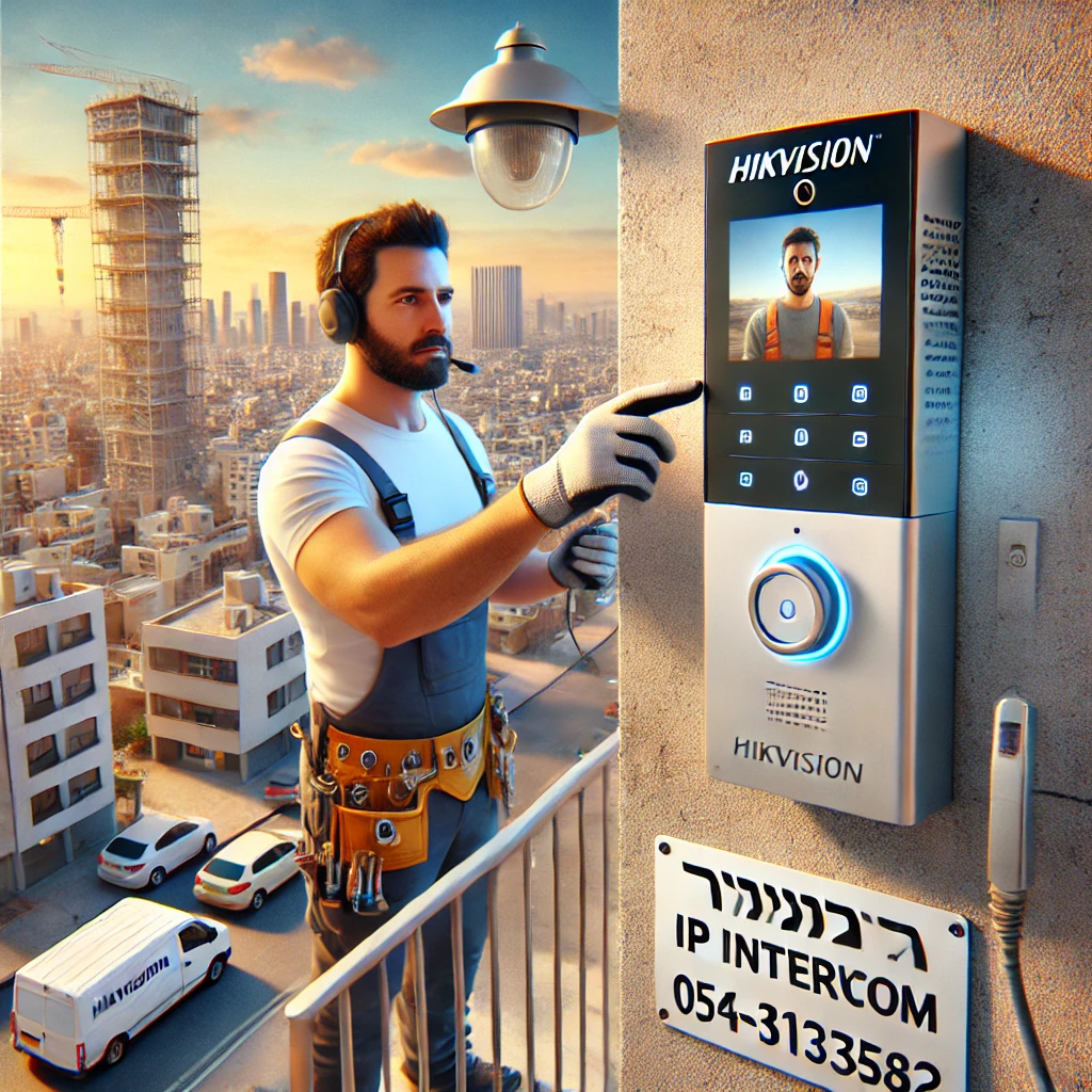 DALL·E 2025 01 19 19.47.01 A professional image showcasing the installation of a Hikvision IP intercom system in Haifa. The scene features a technician carefully installing a mo