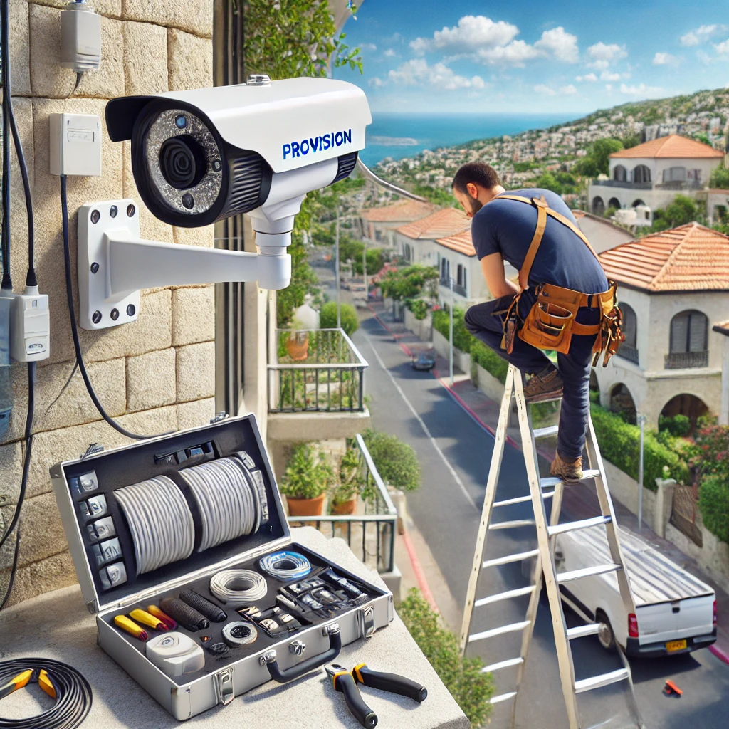 DALL·E 2025 01 19 19.55.53 A realistic scene showing the professional installation of Provision IP security cameras in a residential area of Haifa or Kiryat. A technician is mou