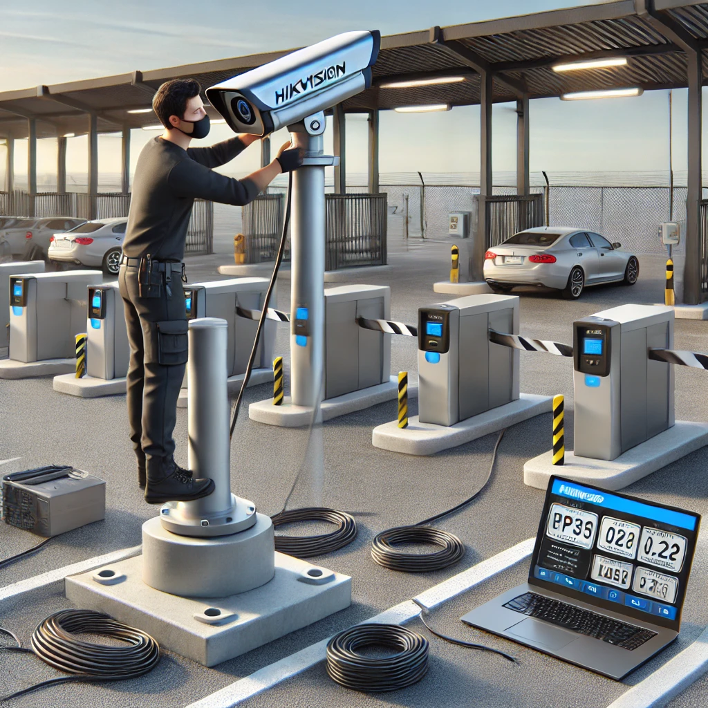 DALL·E 2025 01 19 19.58.45 A realistic depiction of the installation process of Hikvision LPR (License Plate Recognition) cameras at a parking lot. A professional technician is
