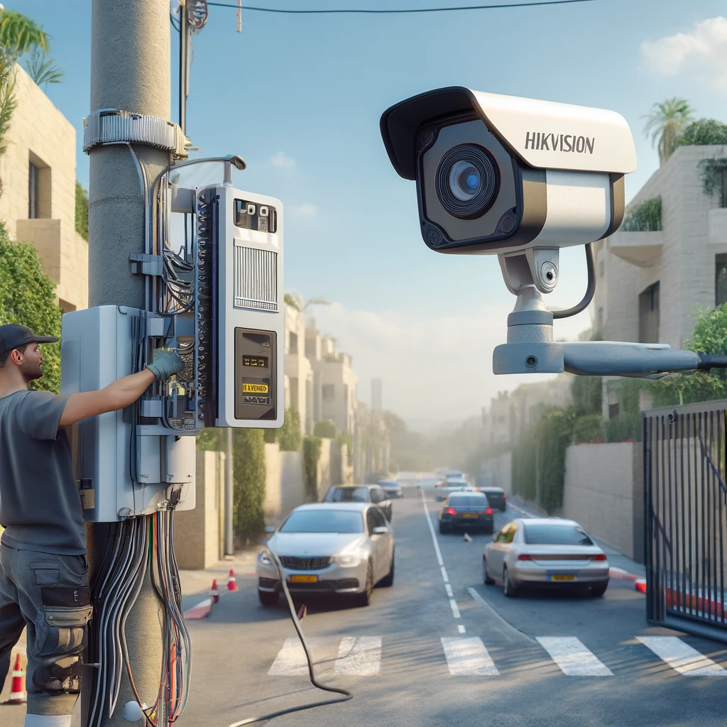 DALL·E 2025 01 19 20.04.38 A realistic scene showing the installation of a Hikvision LPR (License Plate Recognition) system for an electric gate in a residential area of Haifa.