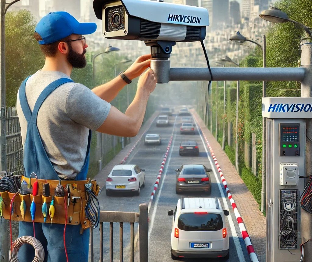 DALL·E 2025 01 19 20.08.54 A realistic scene showing the installation of a Hikvision LPR (License Plate Recognition) system for license plate detection in the Haifa and Kiryat a