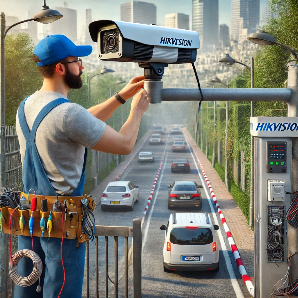 DALL·E 2025 01 19 20.08.54 A realistic scene showing the installation of a Hikvision LPR (License Plate Recognition) system for license plate detection in the Haifa and Kiryat a