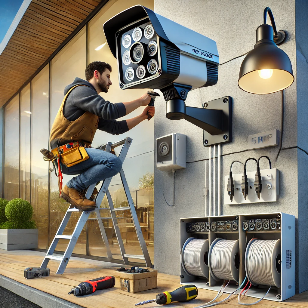 DALL·E 2025 01 19 20.14.04 A realistic depiction of the installation process for Provision 5MP IP cameras. The scene features a professional technician mounting a high resolutio
