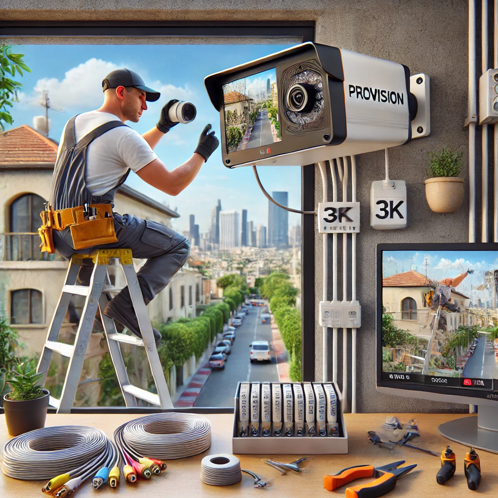 DALL·E 2025 01 19 20.19.46 A realistic scene showing the installation of Provision 3K cameras with audio in a residential or commercial area in Haifa and Kiryat. A professional