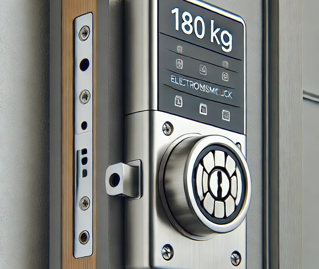 DALL·E 2025 01 19 20.28.13 A realistic close up depiction of an installed 180 kg electromagnetic lock on a modern doorframe. The lock is mounted securely with visible high quali
