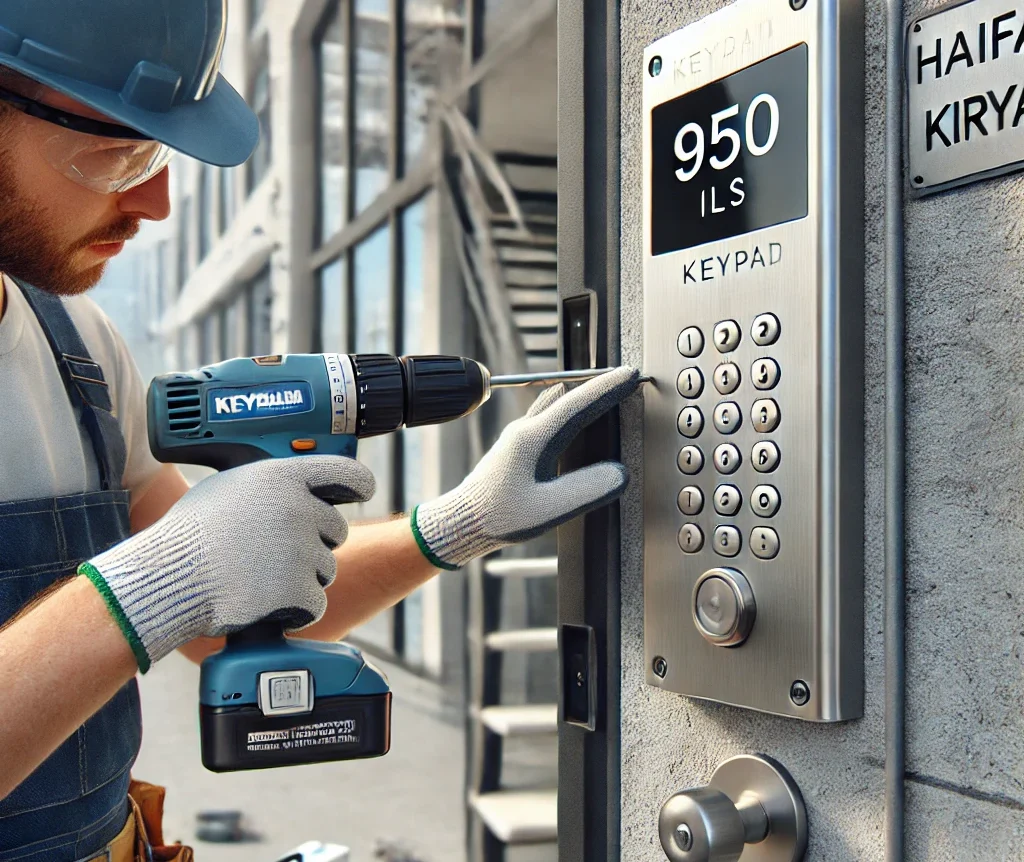 DALL·E 2025 01 19 20.34.07 A realistic scene showing the installation of a metallic keypad in Haifa or Kiryat. A professional technician is mounting the durable keypad next to a