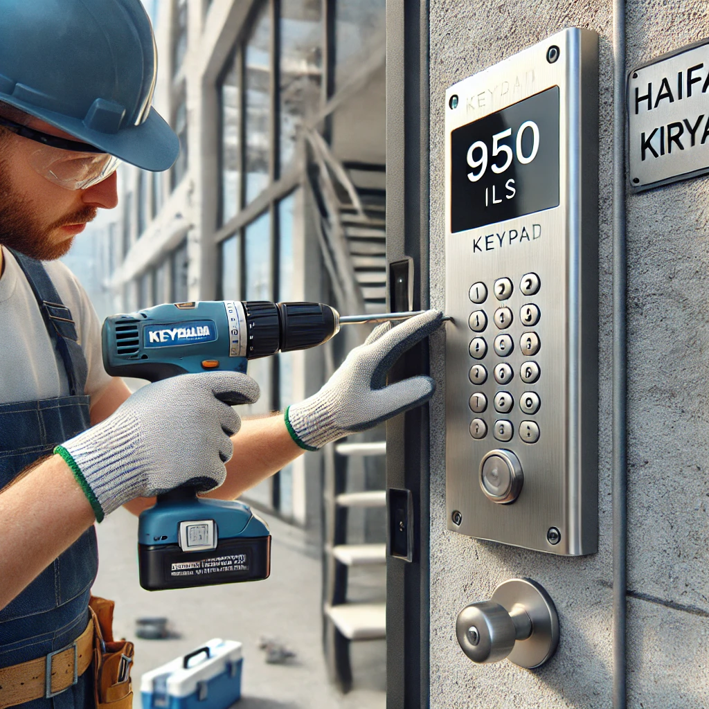 DALL·E 2025 01 19 20.34.07 A realistic scene showing the installation of a metallic keypad in Haifa or Kiryat. A professional technician is mounting the durable keypad next to a