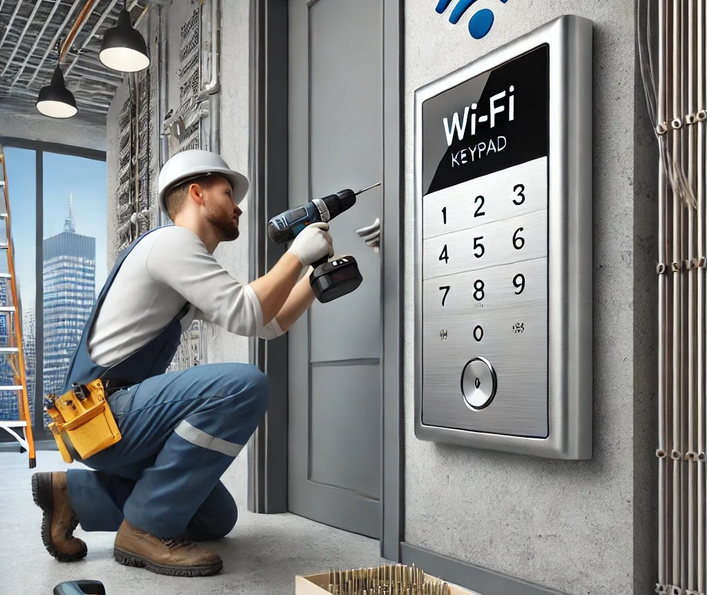 DALL·E 2025 01 19 20.36.25 A realistic scene showing the installation of a metallic Wi Fi enabled keypad next to a modern doorframe. A professional technician is mounting the ke