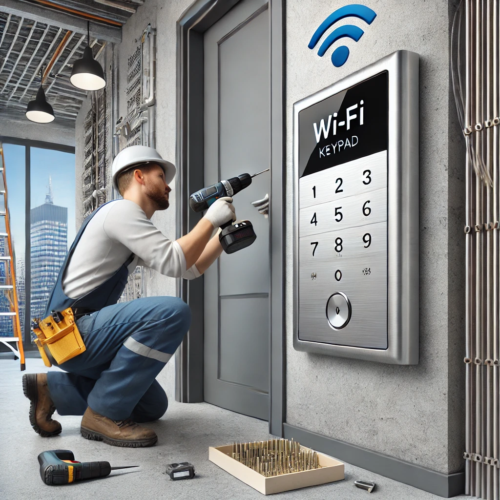 DALL·E 2025 01 19 20.36.25 A realistic scene showing the installation of a metallic Wi Fi enabled keypad next to a modern doorframe. A professional technician is mounting the ke