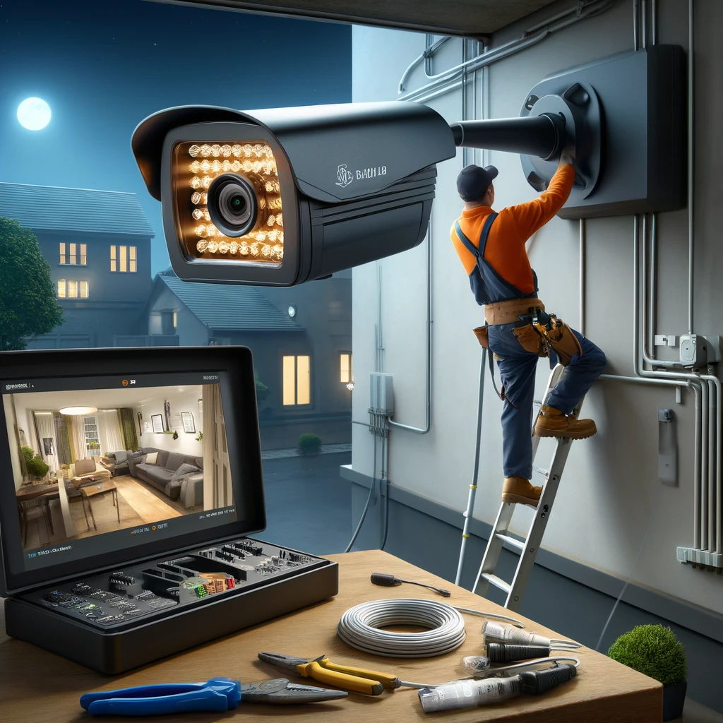 DALL·E 2025 01 19 20.46.44 A realistic depiction of the installation process of Dahua Full Color HD CVI cameras. The scene features a professional technician mounting a sleek Da