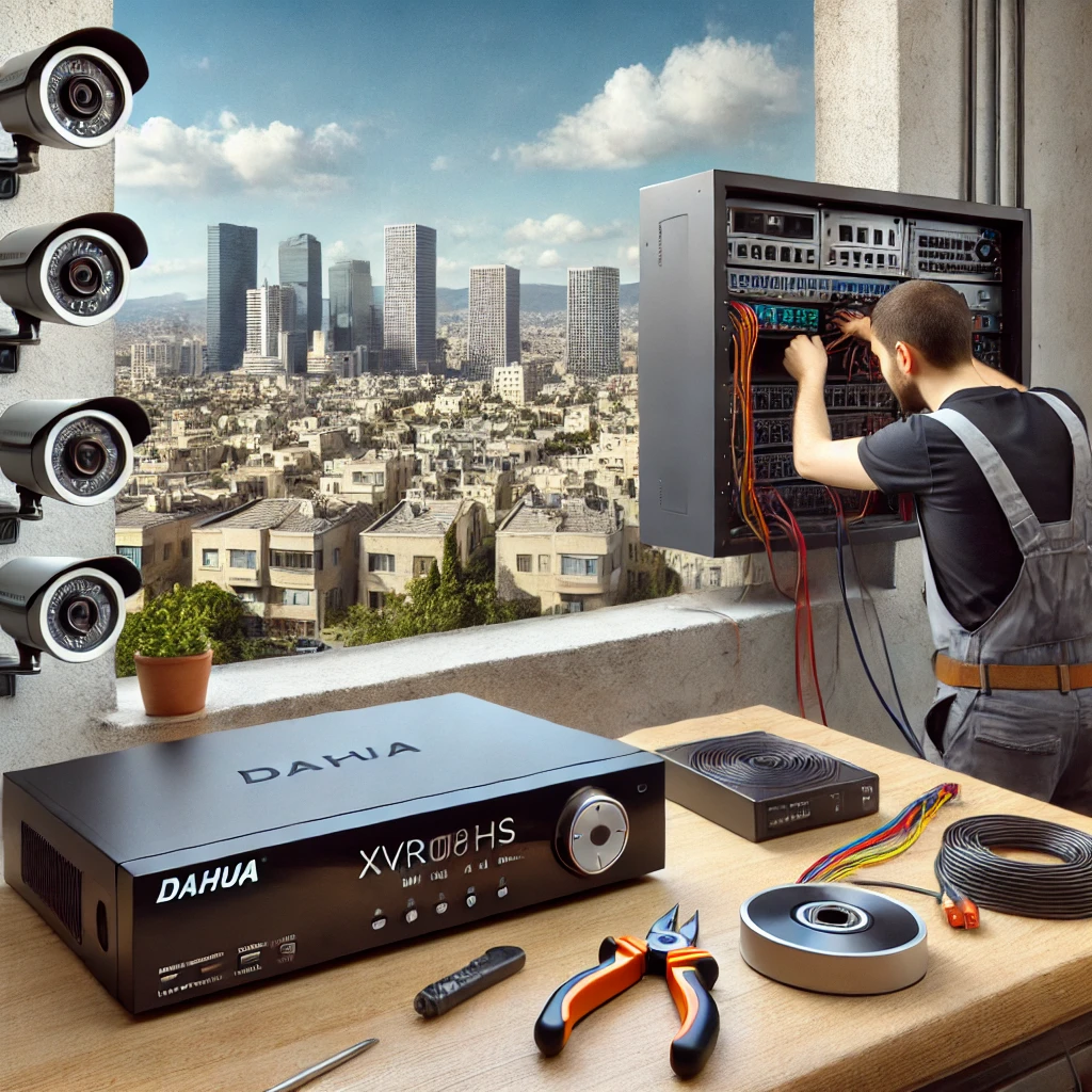 DALL·E 2025 01 19 20.57.03 A realistic scene showing the process of upgrading an old DVR to a Dahua XVR5108HS 4KL I3 in a professional setup in Haifa or Kiryat. The scene includ