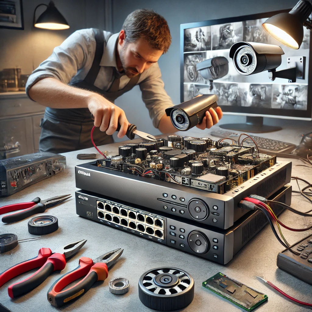 DALL·E 2025 01 19 21.01.08 A realistic scene showcasing the process of upgrading an old DVR to the Dahua XVR5116HE 4KL I3. The setup includes a technician replacing an outdated