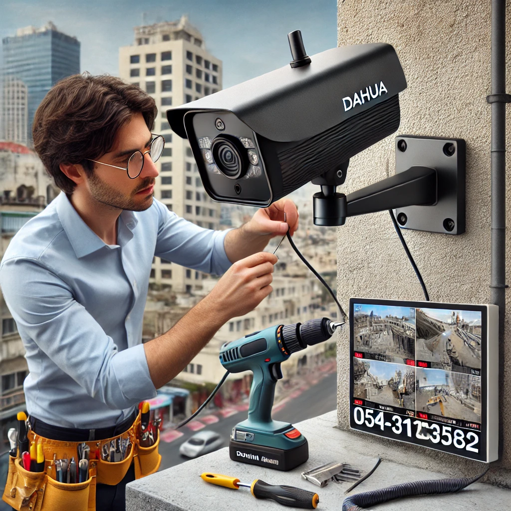 DALL·E 2025 01 19 21.09.49 A realistic scene showing the installation of Dahua security cameras in Haifa or Kiryat. A professional technician is mounting a sleek Dahua camera on