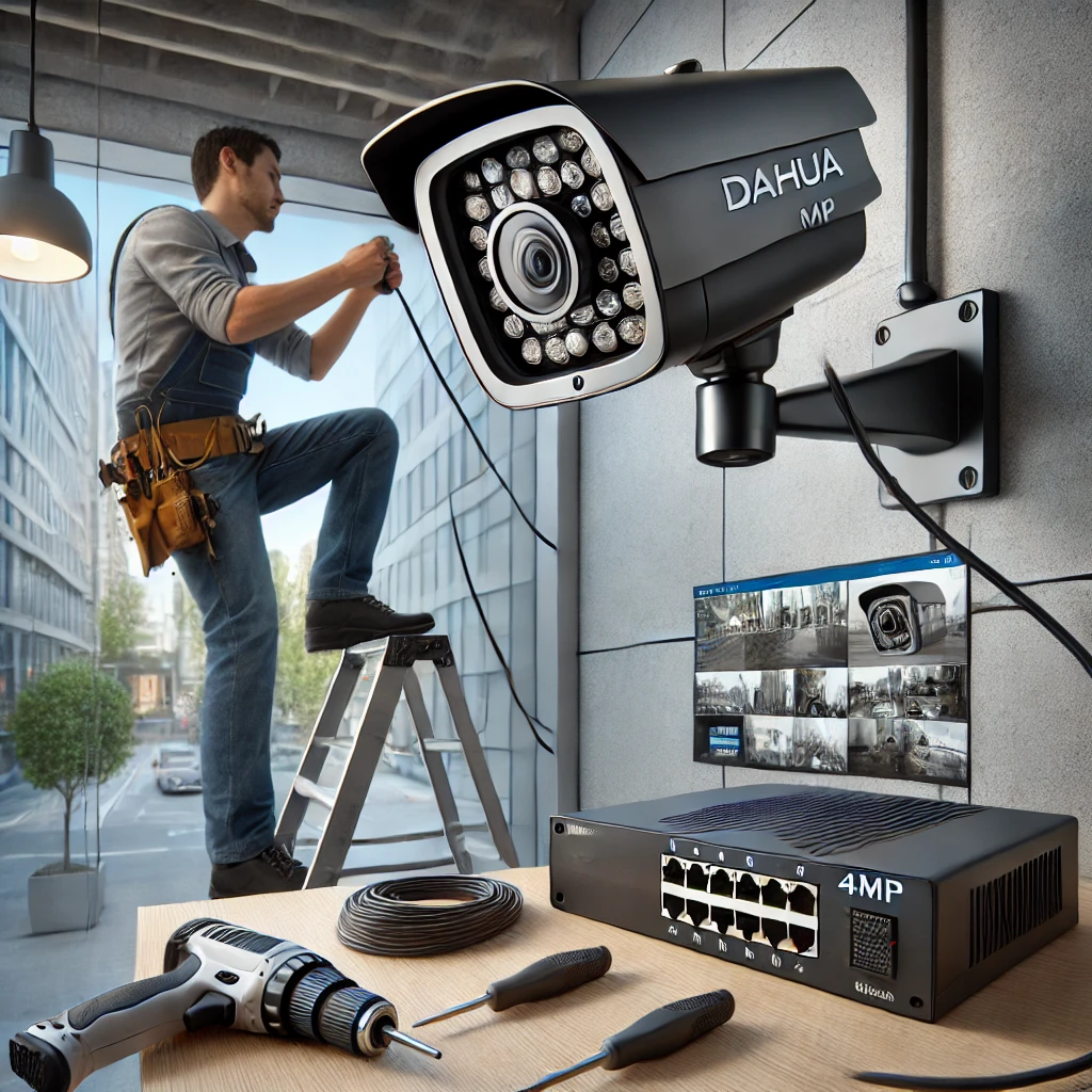 DALL·E 2025 01 19 21.17.12 A realistic scene showing the installation of Dahua IP 4MP security cameras. A professional technician is mounting a sleek, high resolution Dahua came