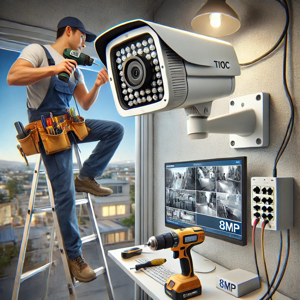 DALL·E 2025 01 19 21.22.28 A realistic scene showing the installation of a Dahua TIOC (Three in One Camera) IP with 8MP resolution. A professional technician is mounting a sleek