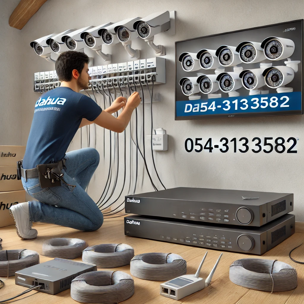 DALL·E 2025 01 19 21.26.47 A realistic scene showcasing the installation of Dahua IP cameras and an NVR recording system. A professional technician is setting up a Dahua NVR sys