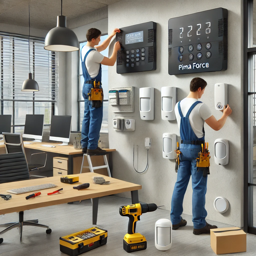 DALL·E 2025 01 19 21.45.10 A realistic scene showcasing the installation of a PIMA FORCE alarm system in an office environment. A professional technician is mounting a sleek con