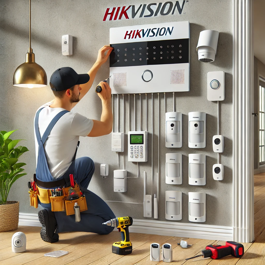 DALL·E 2025 01 19 21.56.53 A realistic scene showcasing the installation of a Hikvision alarm system in a modern home located in Haifa or Kiryat. A professional technician is mo