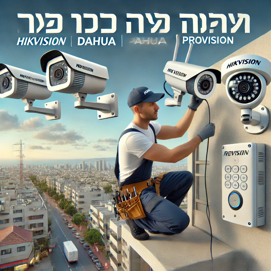 DALL·E 2025 01 22 20.00.54 A promotional image showcasing the installation of security cameras from HIKVISION, DAHUA, and PROVISION in Ramat Yishai, Israel. The image features a