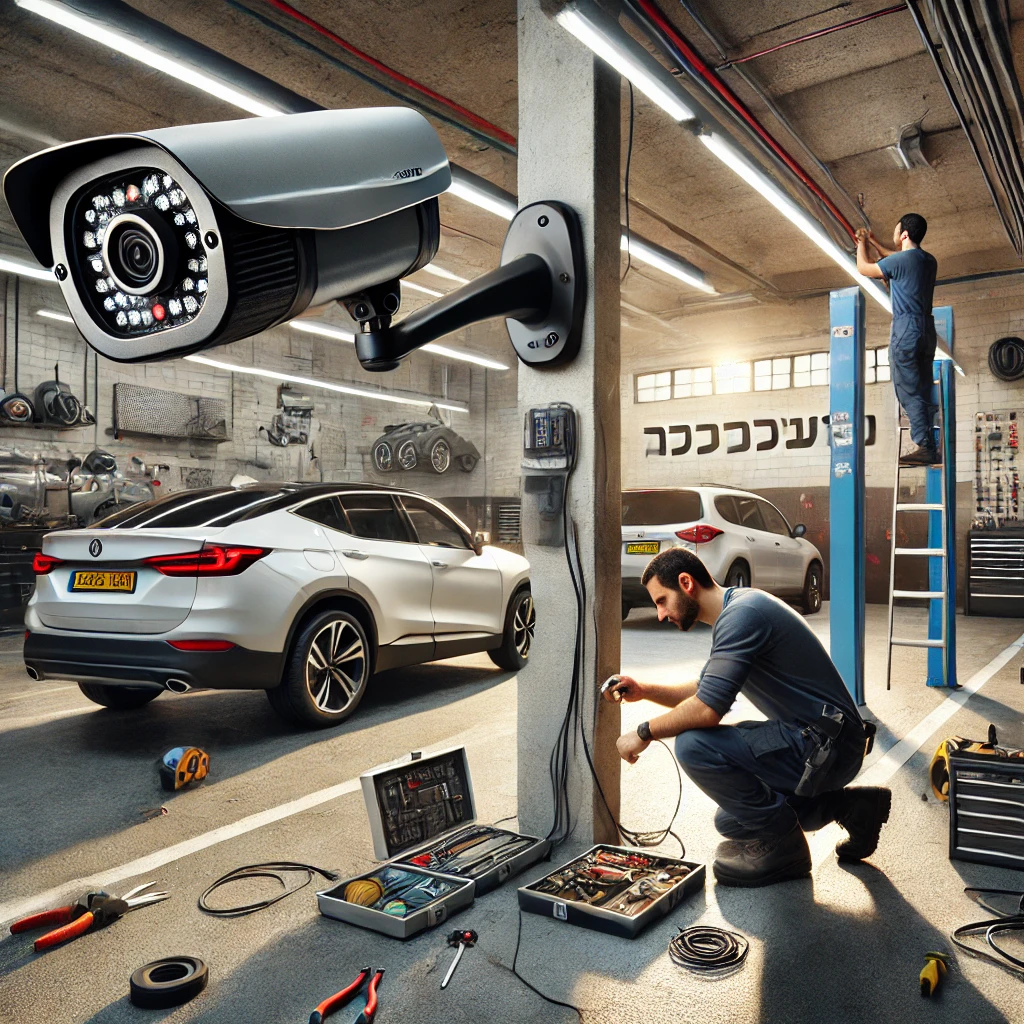 DALL·E 2025 01 22 20.16.45 A professional garage setting showcasing the installation of security cameras in Haifa and the Krayot area. The scene includes a technician installing
