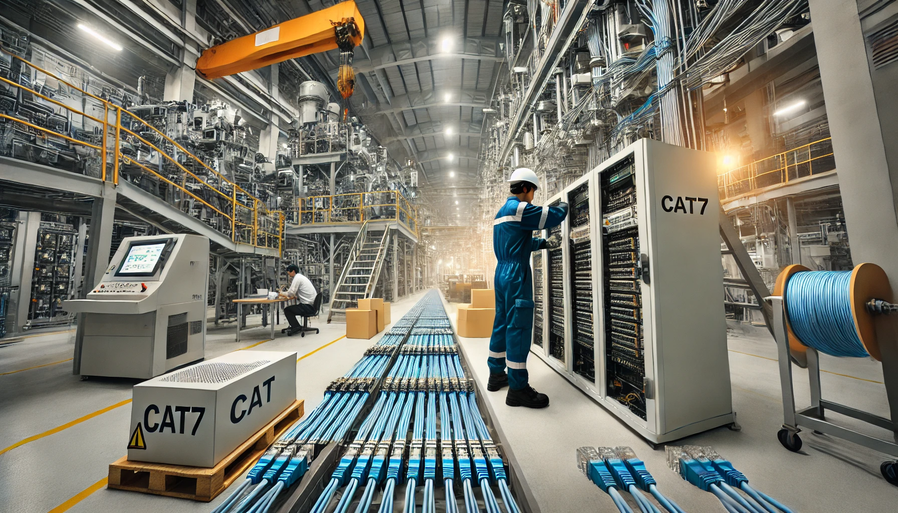 DALL·E 2025 01 26 18.11.00 An industrial factory setting with technicians installing advanced CAT7 network infrastructure. The image features neatly organized CAT7 cables in str