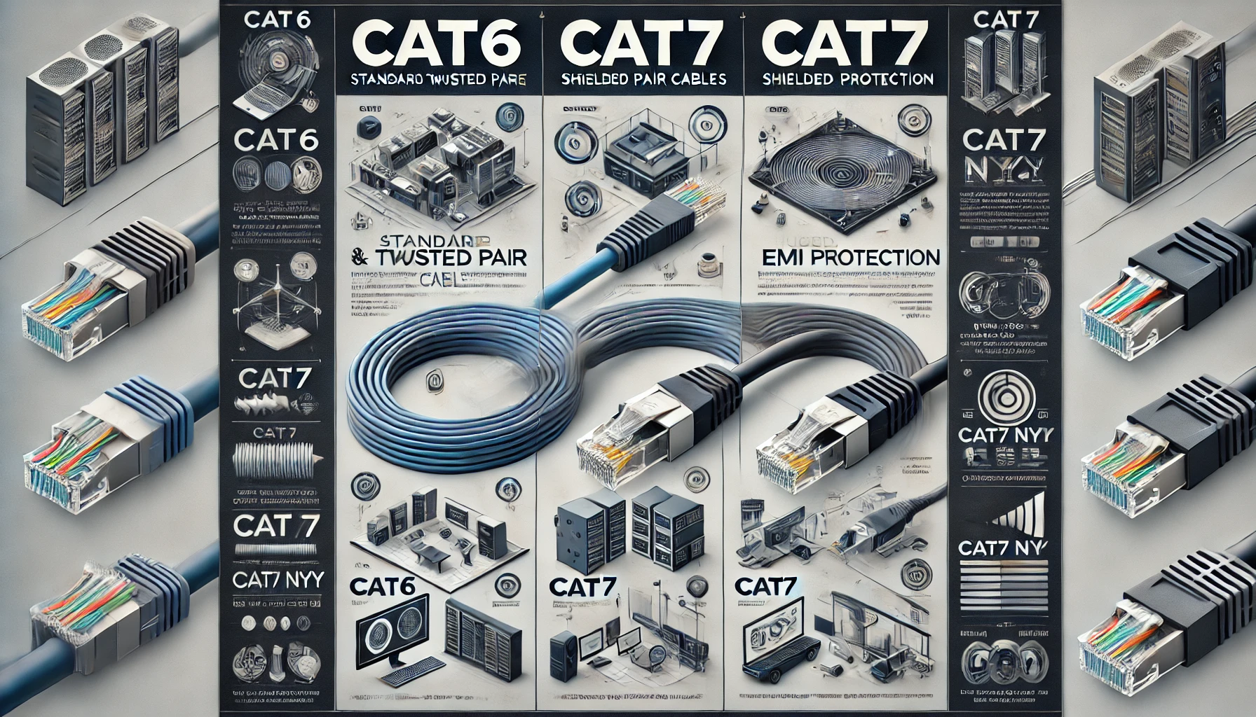 DALL·E 2025 01 26 18.14.07 A professional infographic visually comparing CAT6, CAT7, and CAT7 NYY cables. The image includes three distinct sections for each cable type with det