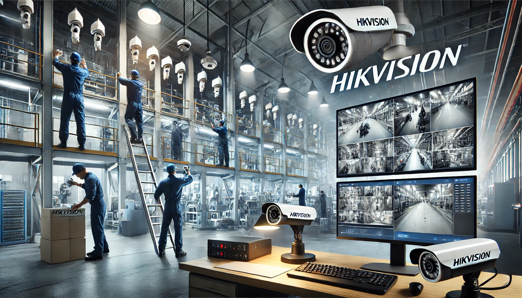 DALL·E 2025 01 26 18.20.43 A professional industrial setting showcasing the installation of Hikvision security cameras in a factory. The image includes technicians installing ca