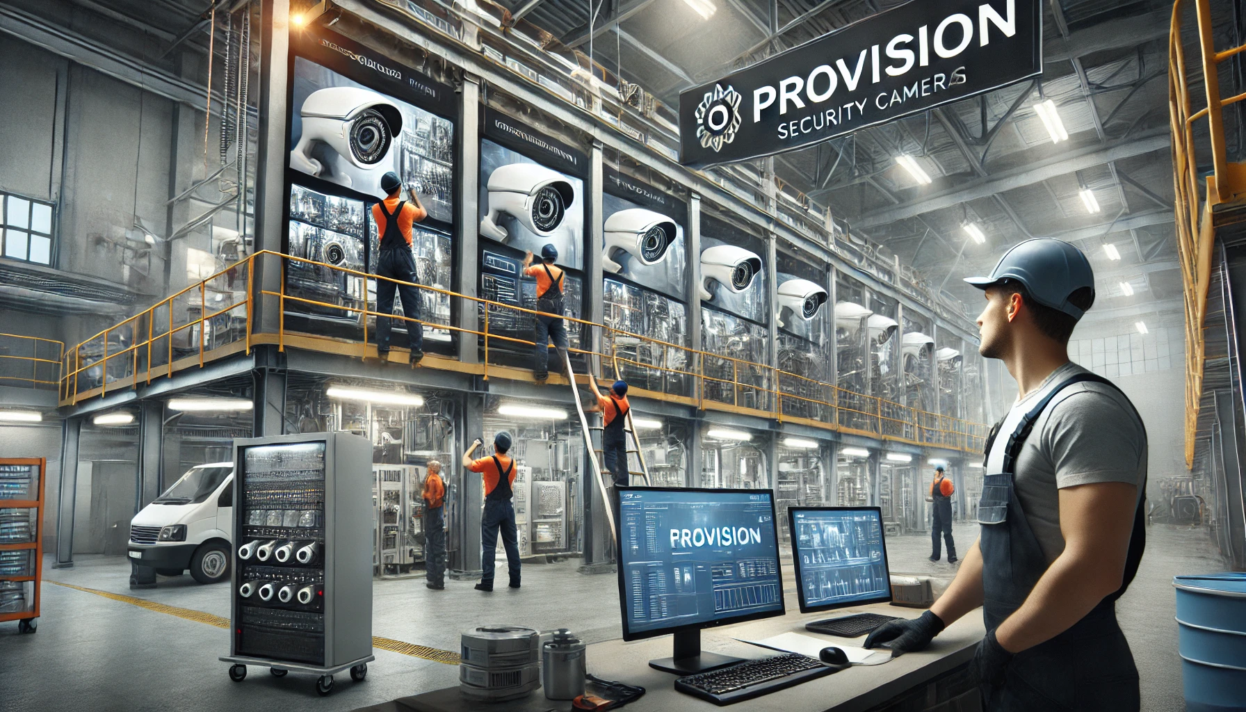 DALL·E 2025 01 26 18.27.06 A professional industrial factory setting showcasing the installation of Provision security cameras. The image features technicians installing cameras