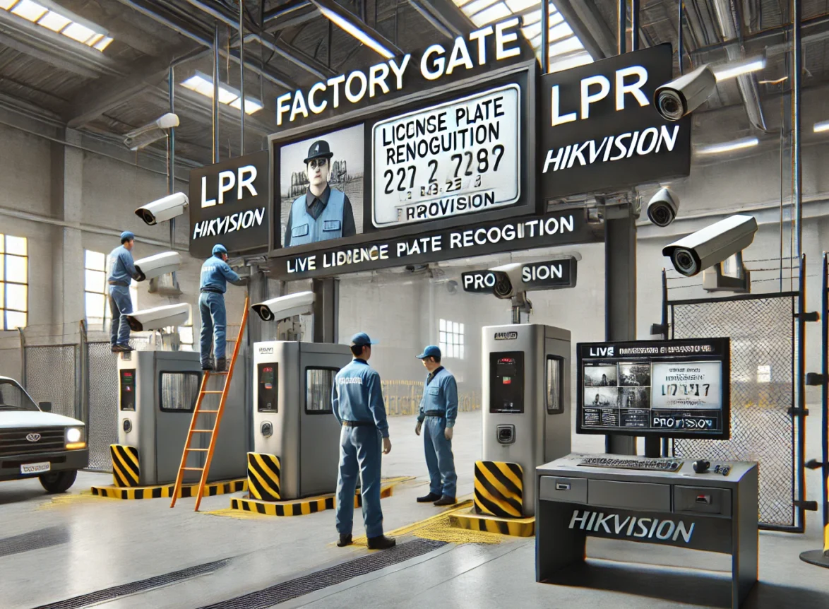 DALL·E 2025 01 26 18.31.11 An industrial factory gate setup showcasing the installation of LPR (License Plate Recognition) cameras by Hikvision and Provision. The image includes