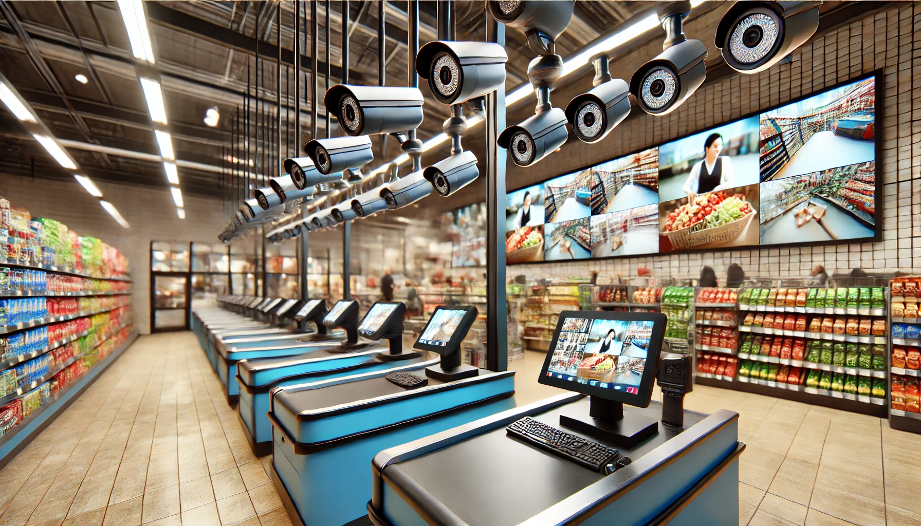 DALL·E 2025 01 26 18.35.31 A vibrant supermarket setting showcasing the installation of security cameras focused on checkout counters. The image includes small, discreet cameras