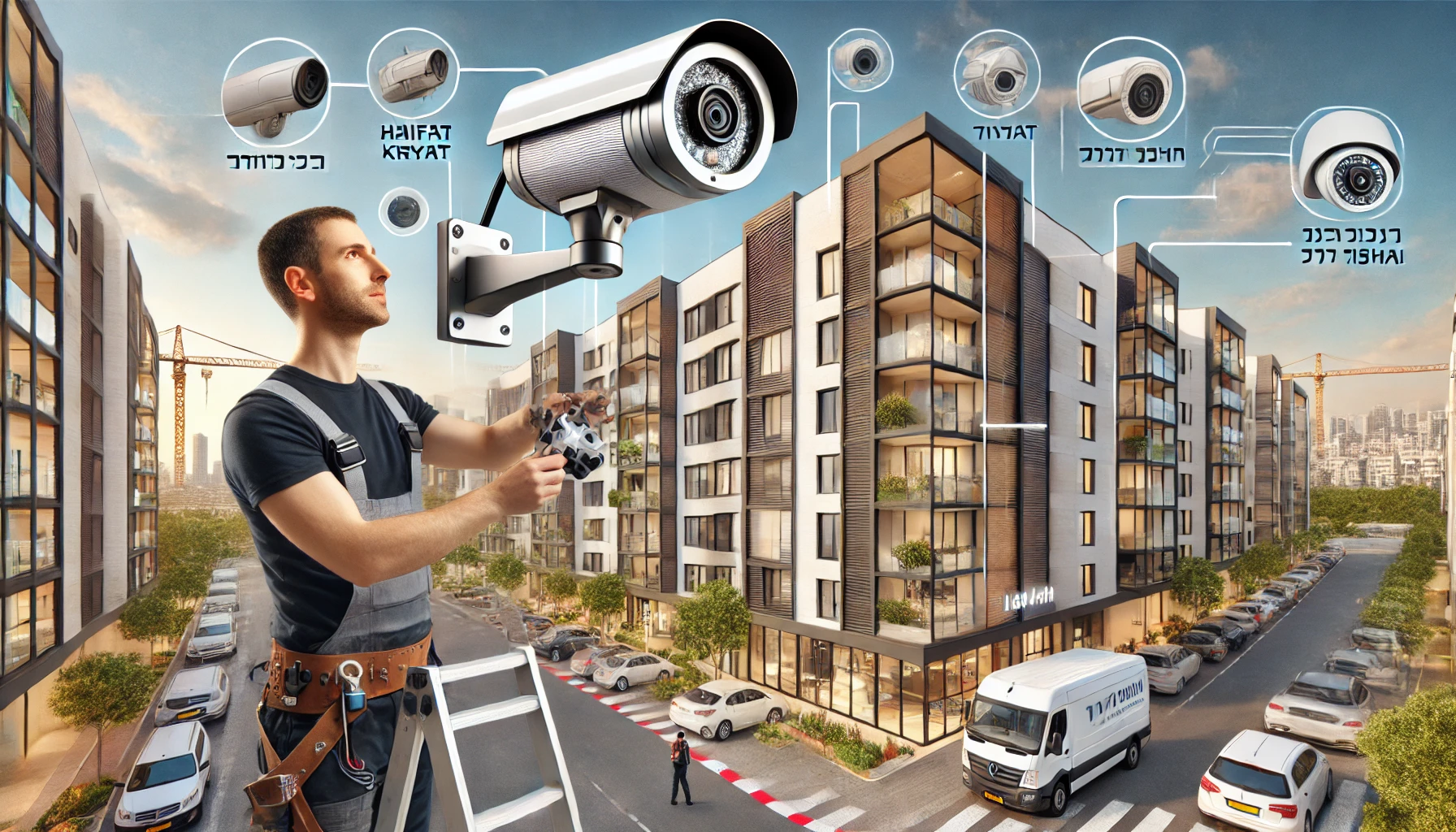 DALL·E 2025 03 14 19.33.30 A professional security camera installation for a residential apartment building in Haifa, Kiryat, Tivon, and Ramat Yishai. The image features high qu