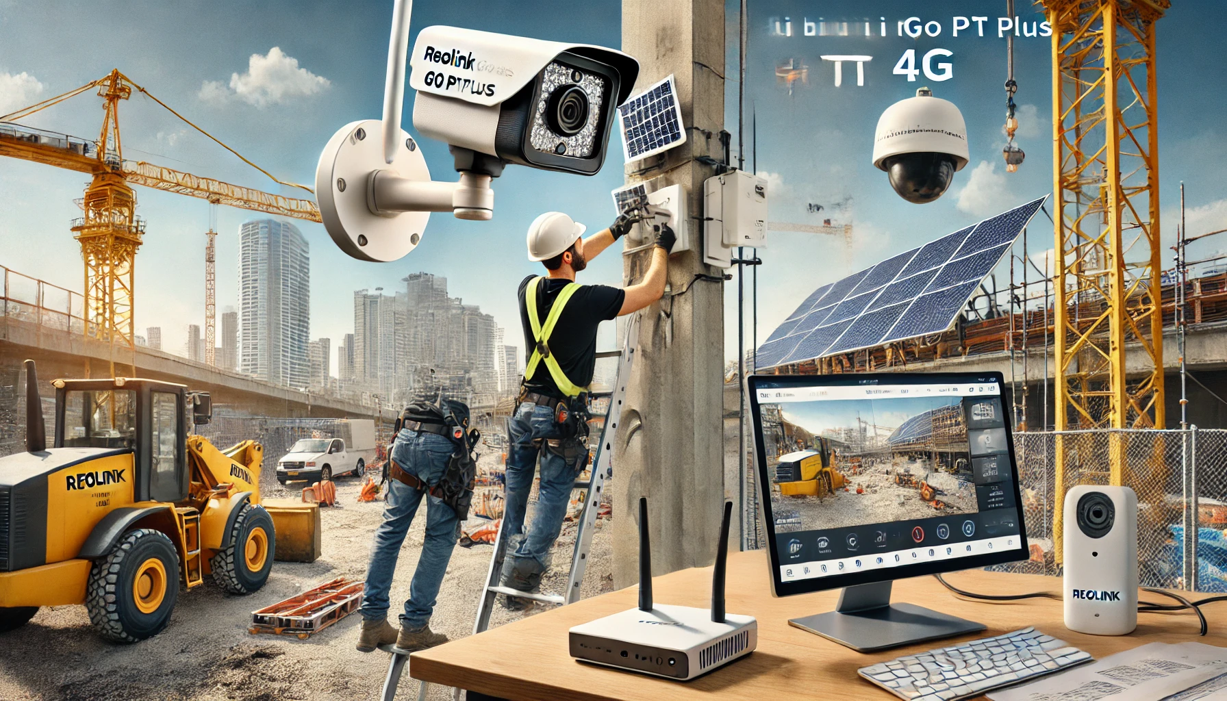 DALL·E 2025 03 14 20.02.53 A professional installation of Reolink Go PT Plus solar powered security cameras at a construction site. The image features a technician mounting a Re