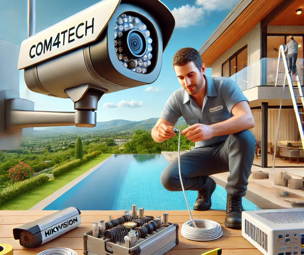 DALL·E 2025 03 15 20.54.34 A professional installation of security cameras in Nofit, Israel, featuring the 'Com4Tech' logo. The image should depict a technician installing an ad