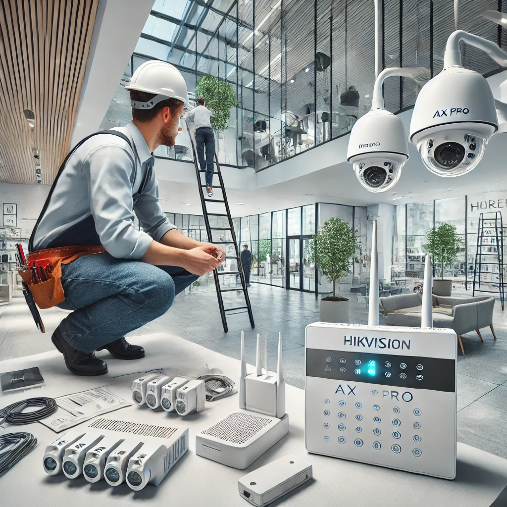 DALL·E 2025 03 15 20.57.17 A professional installation of a wireless alarm system in Horev Center, Haifa, Israel. The image features a technician installing a Hikvision AX PRO w