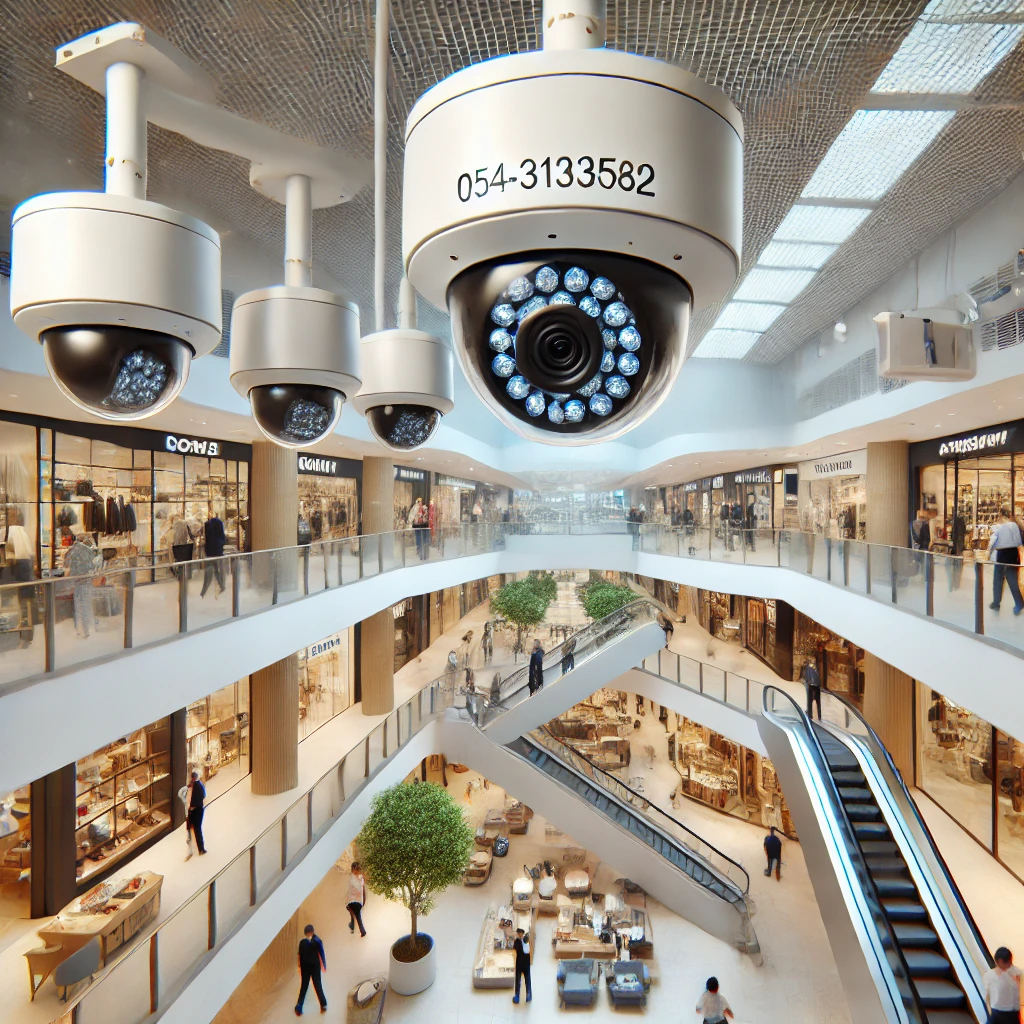 DALL·E 2025 03 15 21.57.21 A professional installation of CCTV security cameras in a shopping mall. The image should depict high resolution surveillance cameras being installed