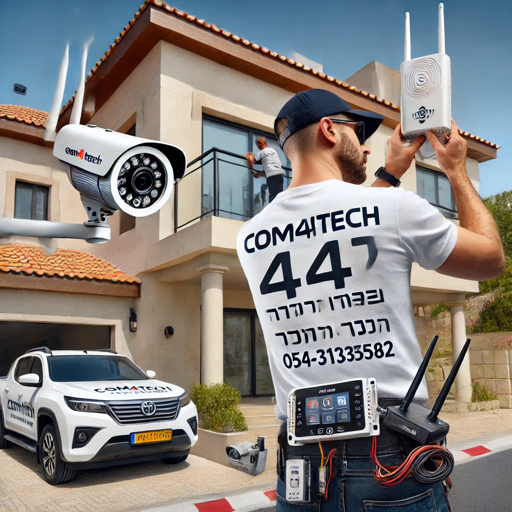 DALL·E 2025 03 22 14.02.19 A promotional image showing a professional security camera and alarm technician at work in a residential setting in Haifa. The technician is wearing a